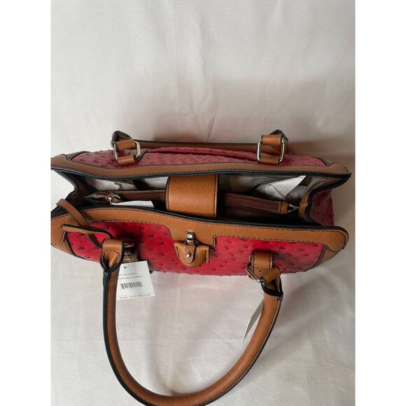 London Fog Handbag Red Ostrich Faux Leather Snap Satchel Top Handle Bag NEW - Picture 6 of 11